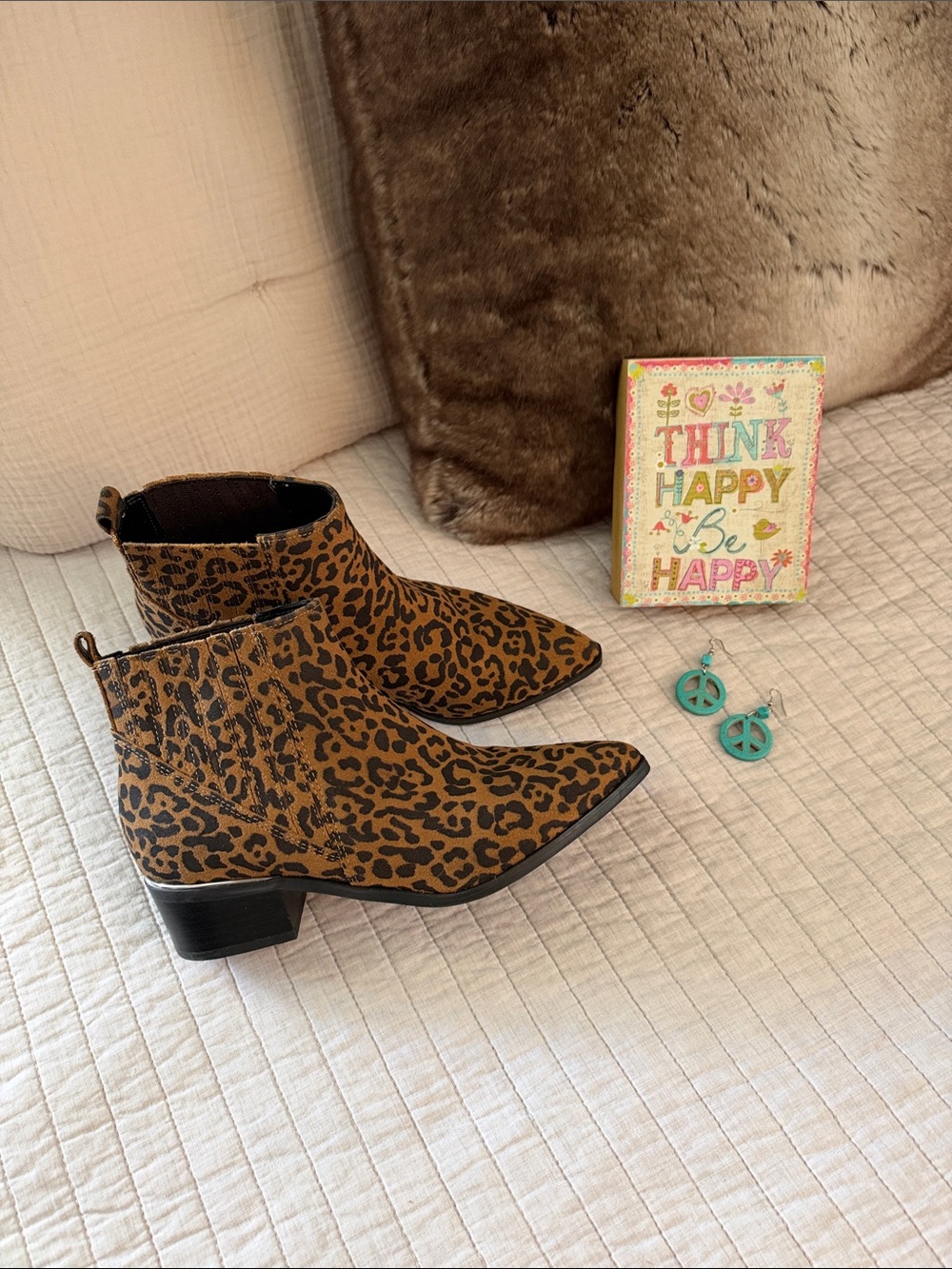 Marc fisher black brown boho western cheetah block heel bootie pointed toe 7